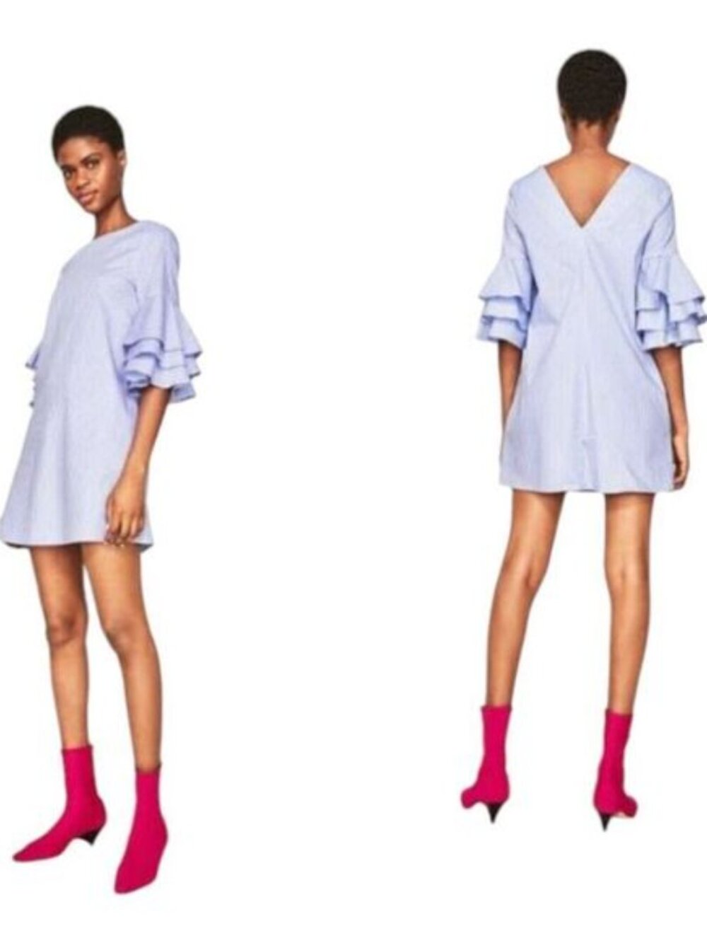 Zara Striped Shift Mini Dress Medium Ruffled Sleeves Pockets